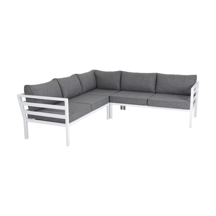 Brafab Weldon utesofa i hvit aluminium med grå puter, hjørneoppsett