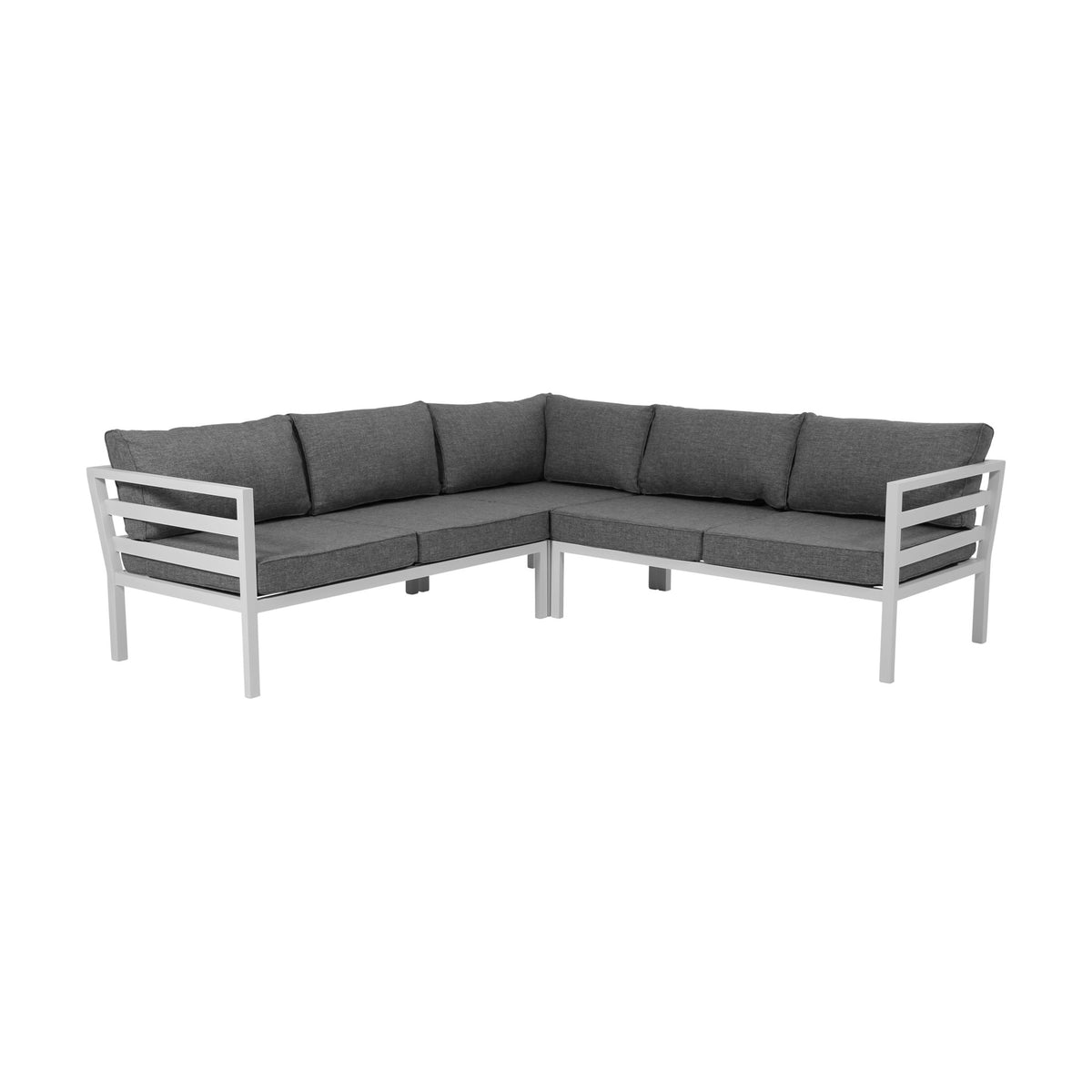 Brafab Weldon utesofa med hvit aluminiumsramme og grå puter
