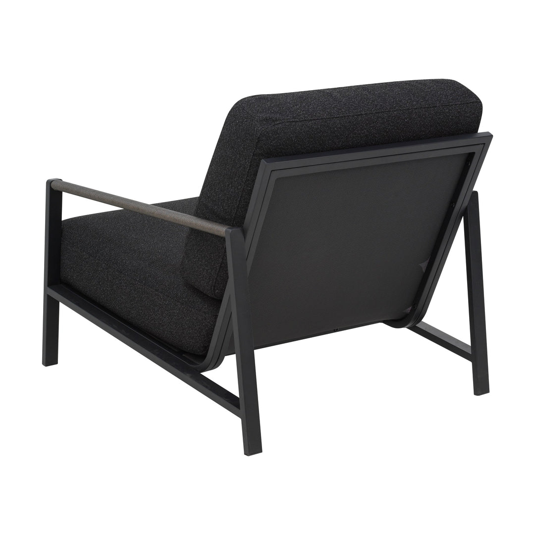 Brafab Lyra utesofa, modul i sort ramme med mørke puter og netting, sett bakfra