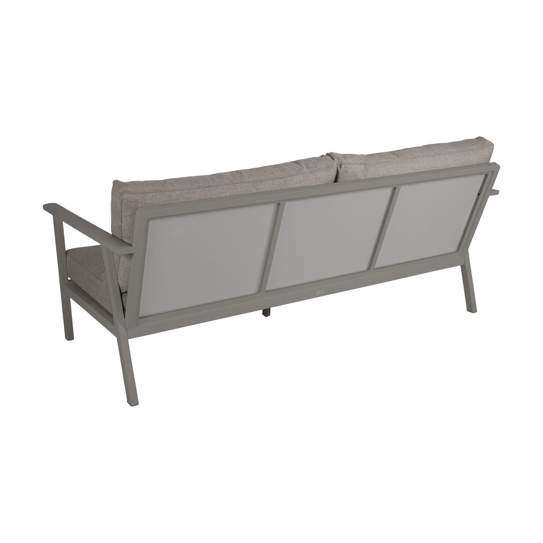 Brafab Samvaro utesofa, 2,5-seter sett bakfra med gråbeige ramme og beige puter