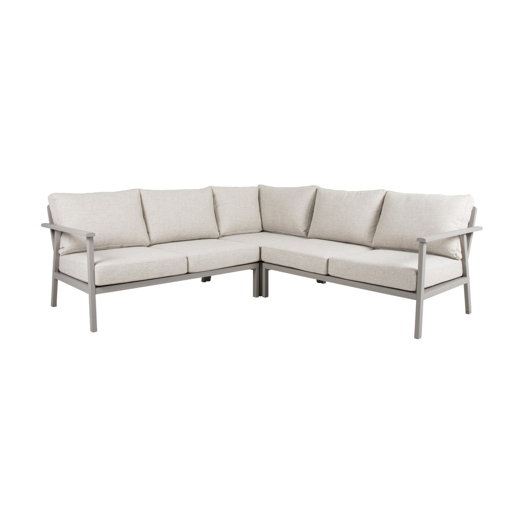 Brafab Samvaro Lounge modulsofa i beige med lysegrå ramme, hjørneoppsett sett forfra mot hvit bakgrunn