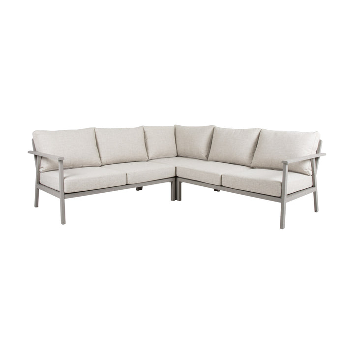 Brafab Samvaro Lounge modulsofa i beige med lysegrå ramme, hjørneoppsett sett forfra mot hvit bakgrunn