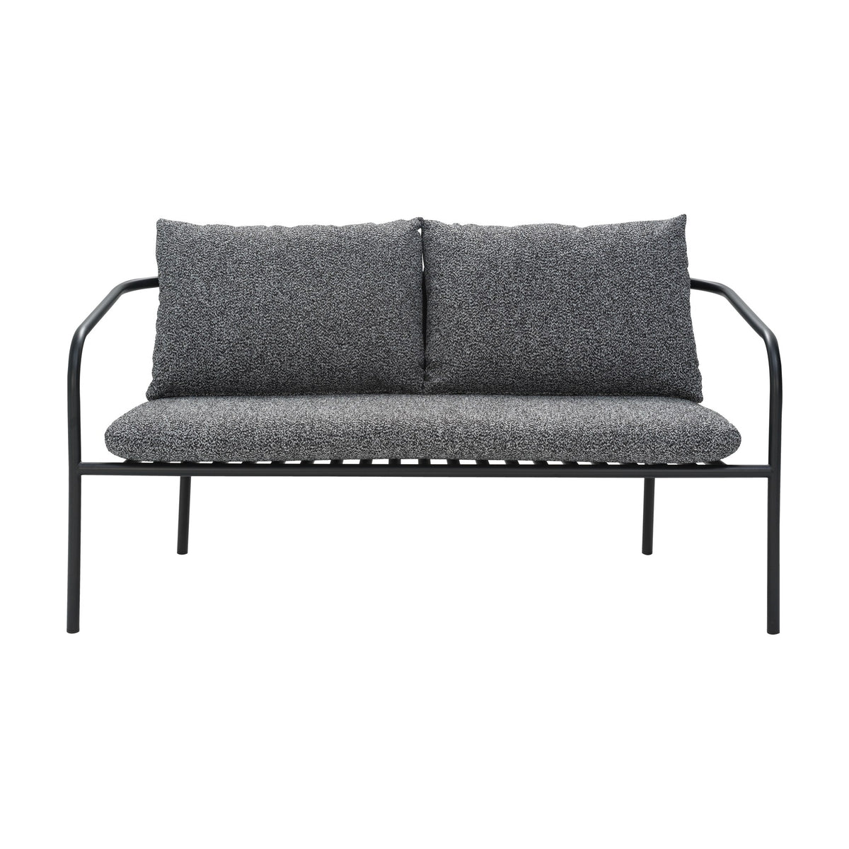 Brafab Bendt sofa med sort metallramme og melerte antrasittputer i bouclé, sett forfra mot hvit bakgrunn
