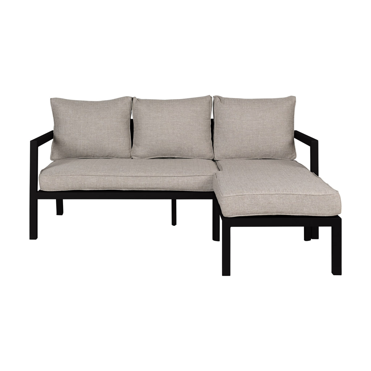Brafab Delia utesofa i sort med lyse beige puter og sjeselong, mot hvit bakgrunn
