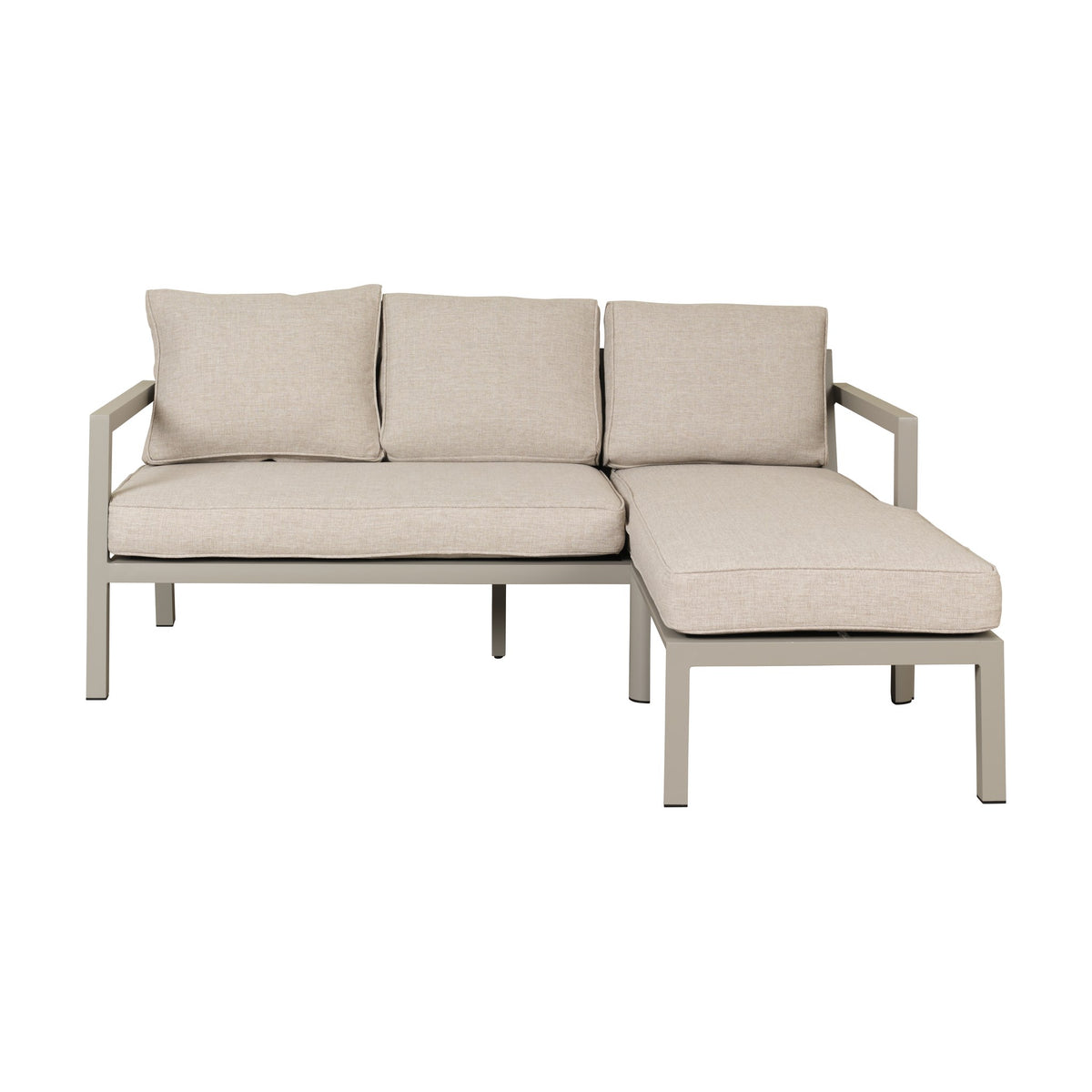 Brafab Delia utesofa i khaki med lyse beige puter og sjeselong, mot hvit bakgrunn