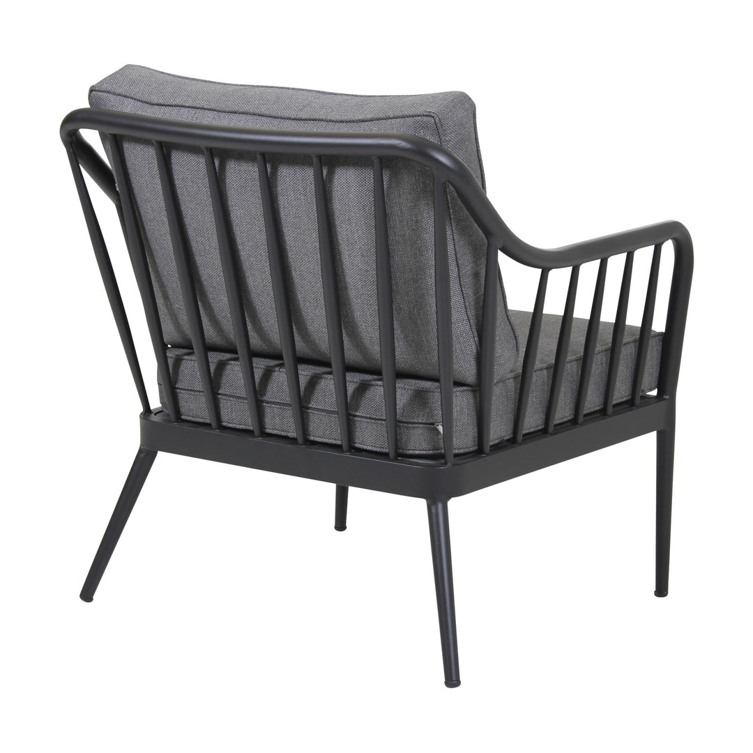 Brafab Coleville utesofa i sort metall med grå puter, vist bakfra mot hvit bakgrunn