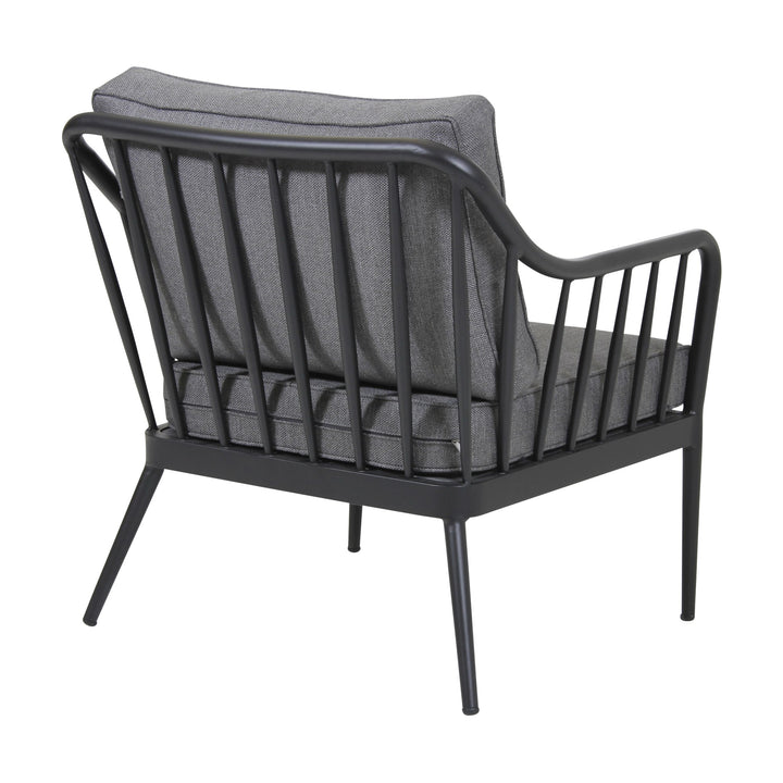Brafab Coleville utesofa i sort metall med grå puter, vist bakfra mot hvit bakgrunn