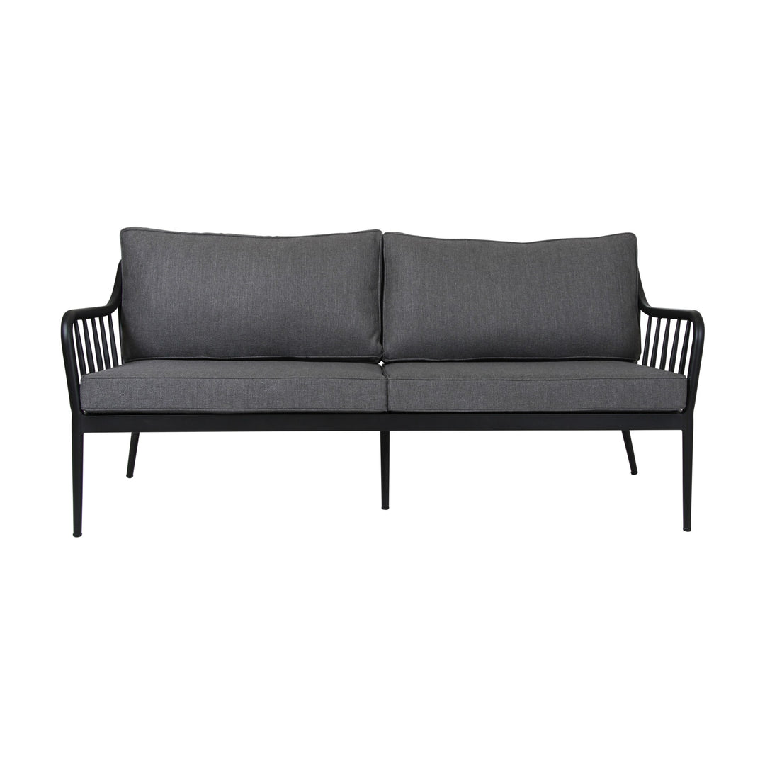 Brafab Coleville utesofa, toseter i sort aluminium med spiler og mørkegrå puter, sett forfra