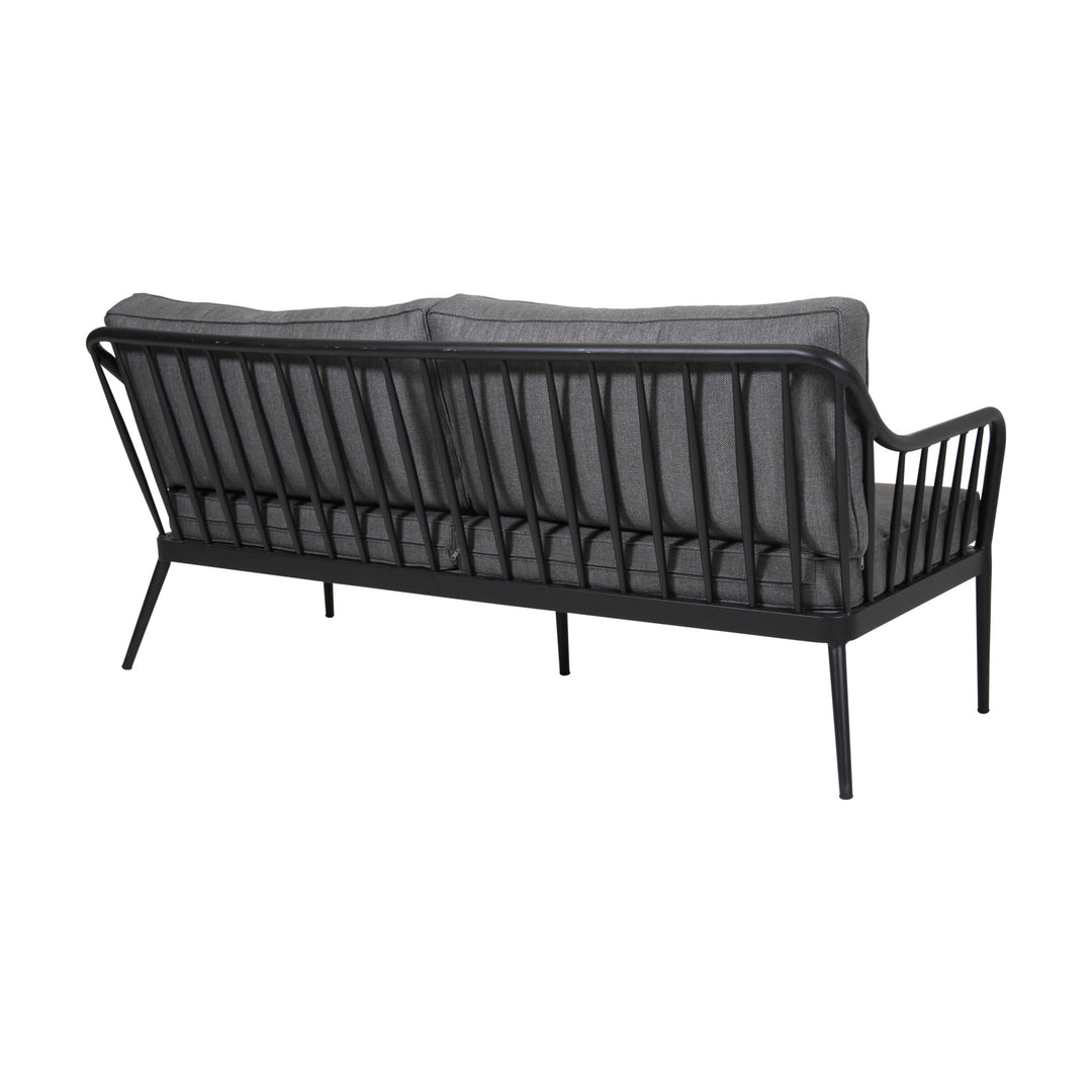 Brafab Coleville utesofa, toseter sett bakfra i sort aluminium med spiler og mørkegrå puter