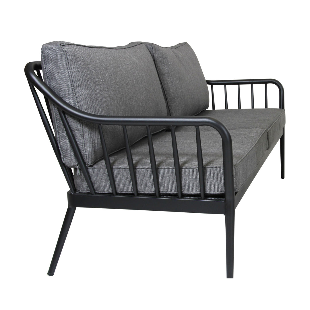 Brafab Coleville utesofa, toseter sett fra siden i sort aluminium med spiler og mørkegrå puter