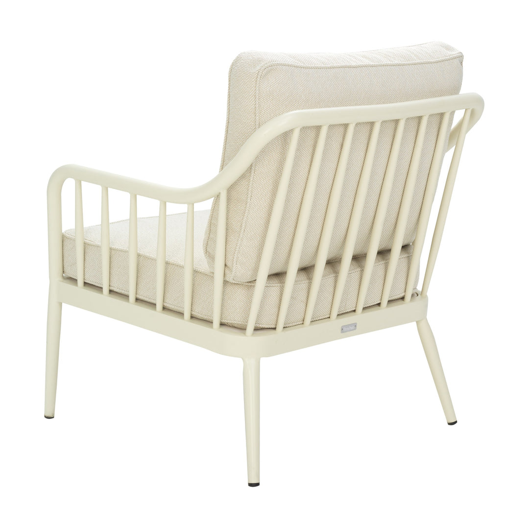 Brafab Coleville lenestol i kremhvit aluminium med spiler og beige puter, sett bakfra