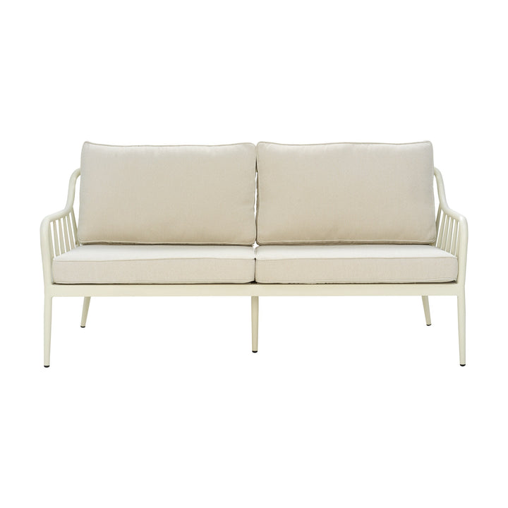 Brafab Coleville utesofa, toseter i kremhvit aluminium med spiler og beige puter, sett forfra