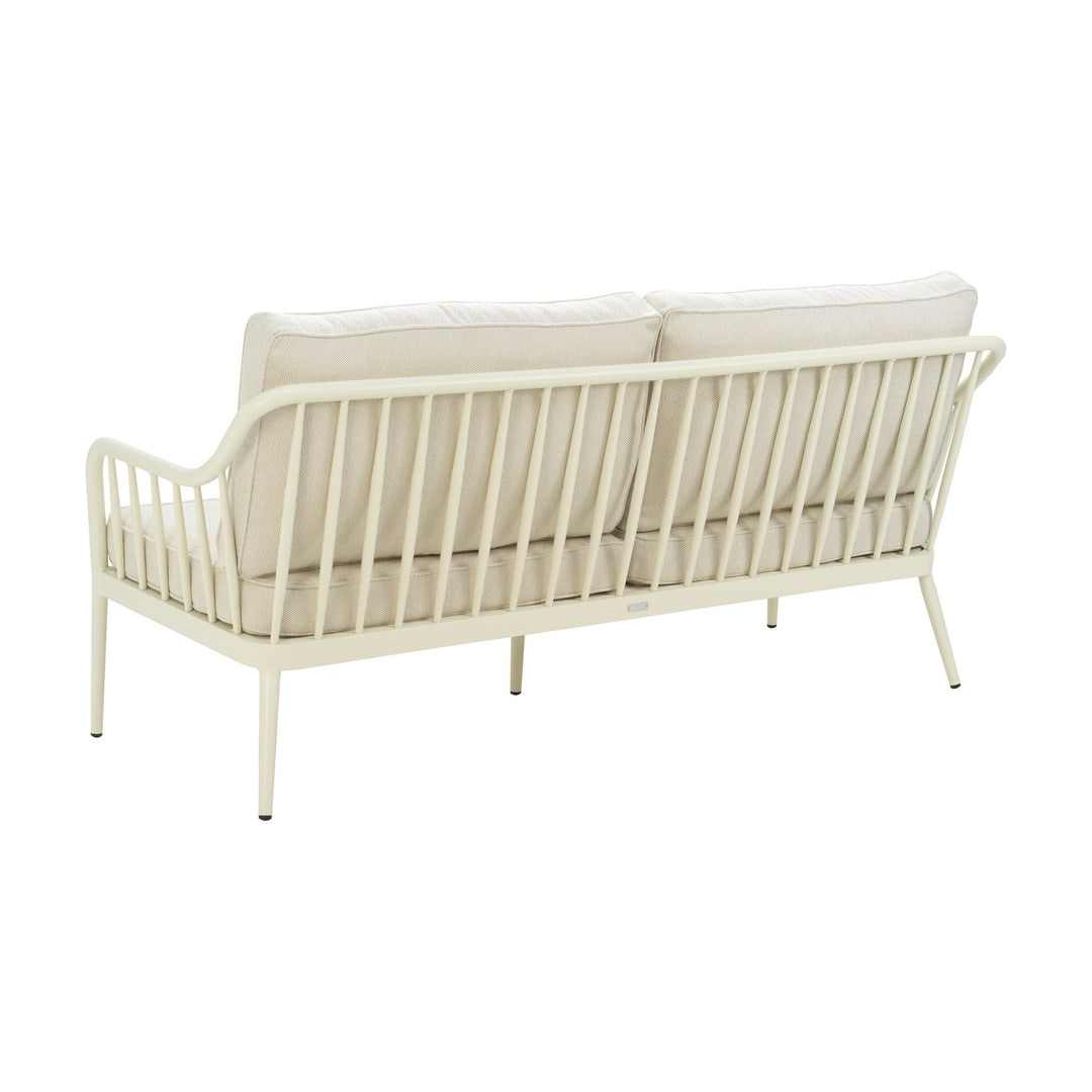 Brafab Coleville utesofa, toseter sett bakfra i kremhvit aluminium med spiler og beige puter