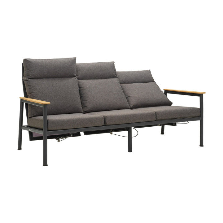 Brafab Gordon utesofa, 3-seter med antrasitt ramme, grå puter og armlener i teak