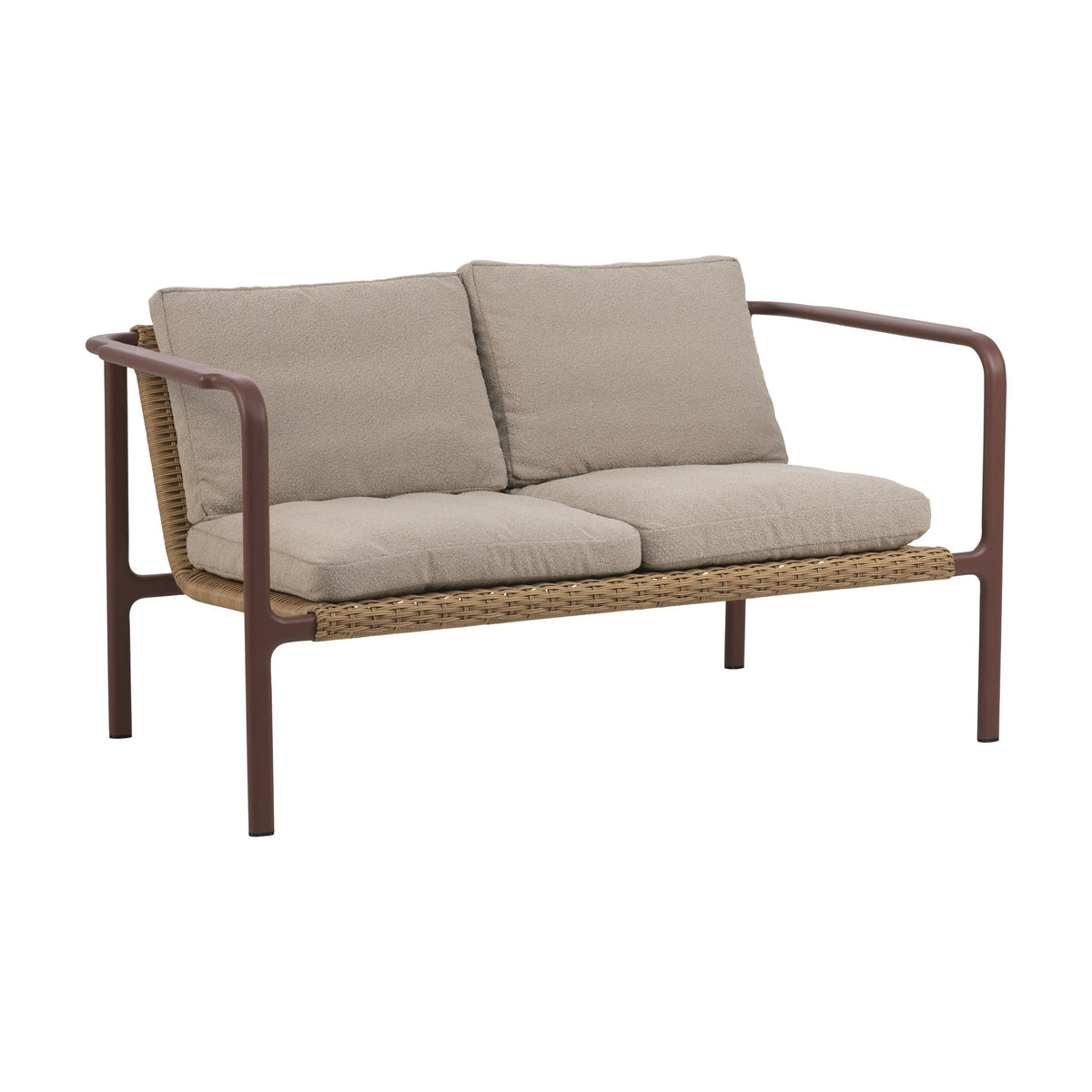 Brafab Motty utesofa med rustrød ramme, naturrattan og beige boucléputer
