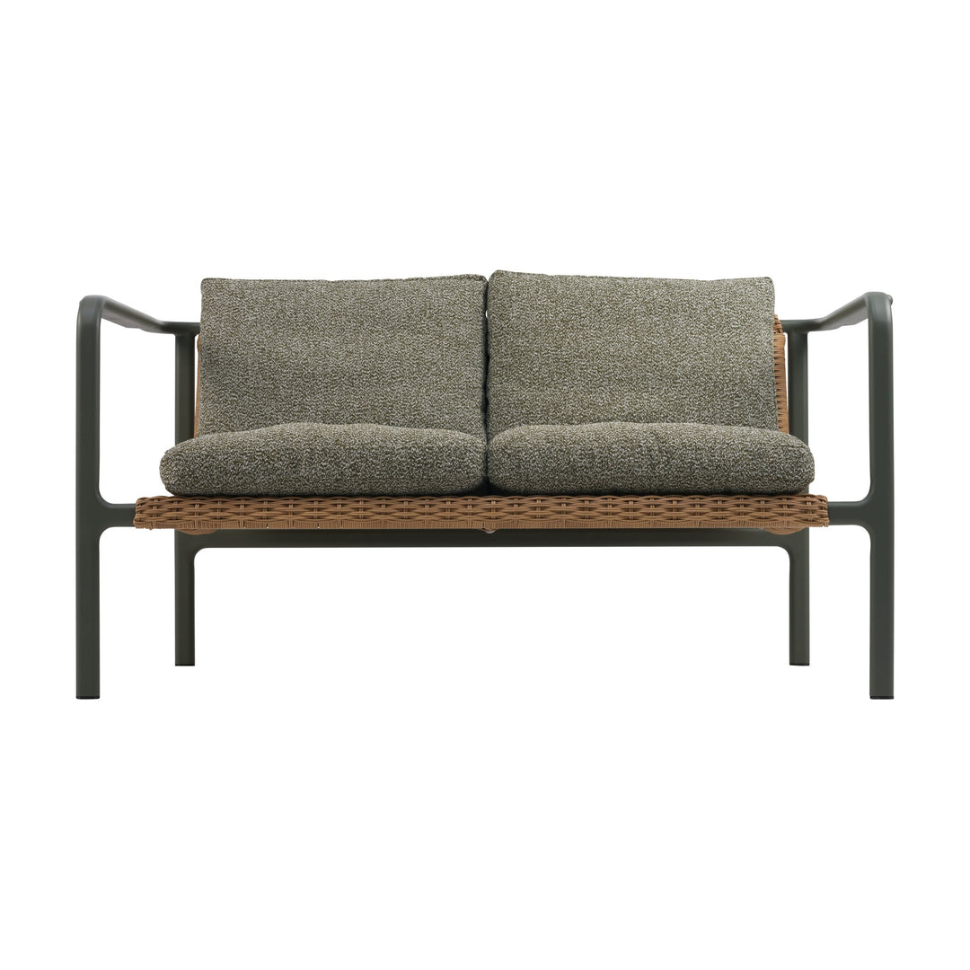 Brafab Motty utesofa, 2-seter med mørkegrønn ramme, naturrattan og grågrønne boucléputer