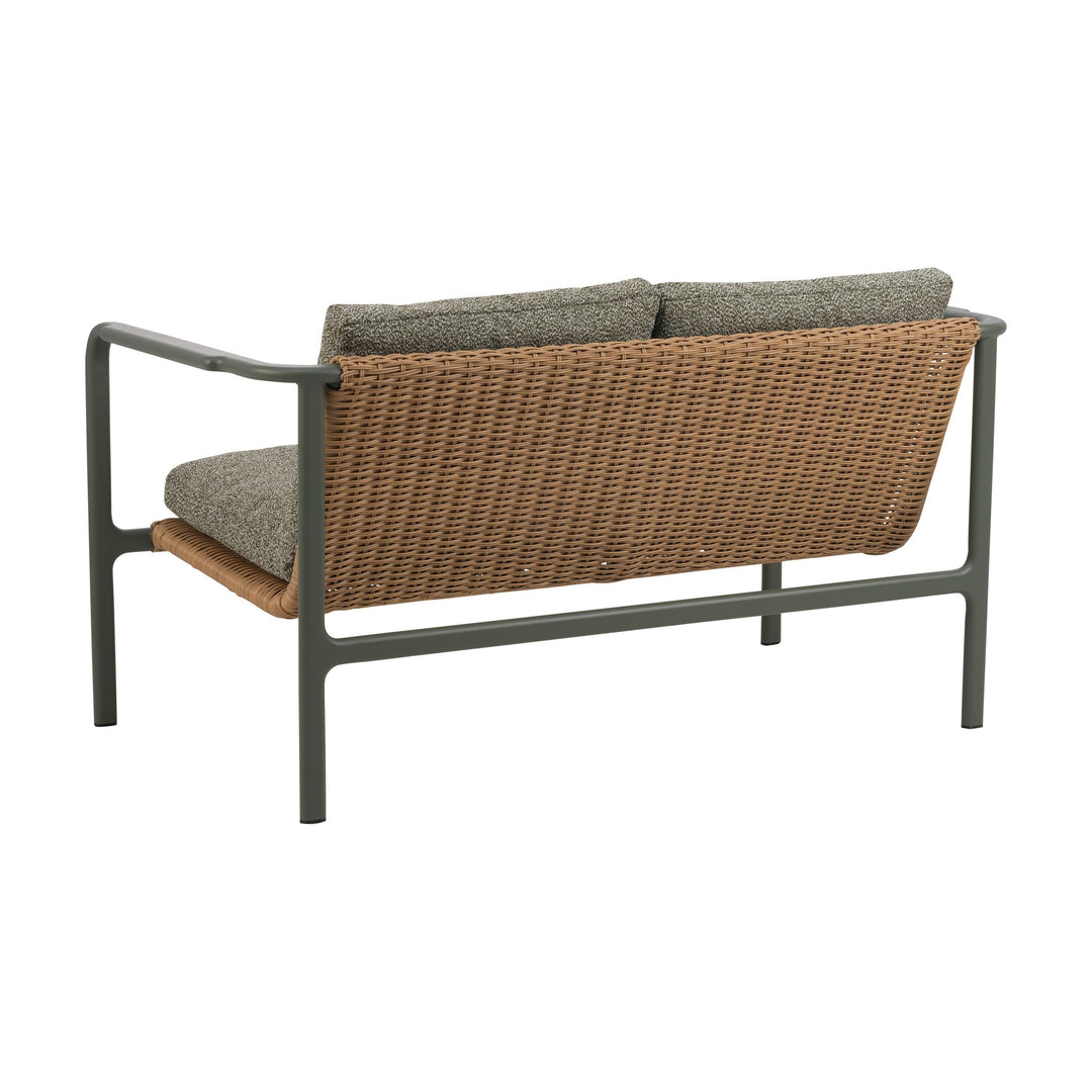 Brafab Motty utesofa, 2-seter sett bakfra, mørkegrønn ramme, naturrattan og grønne puter