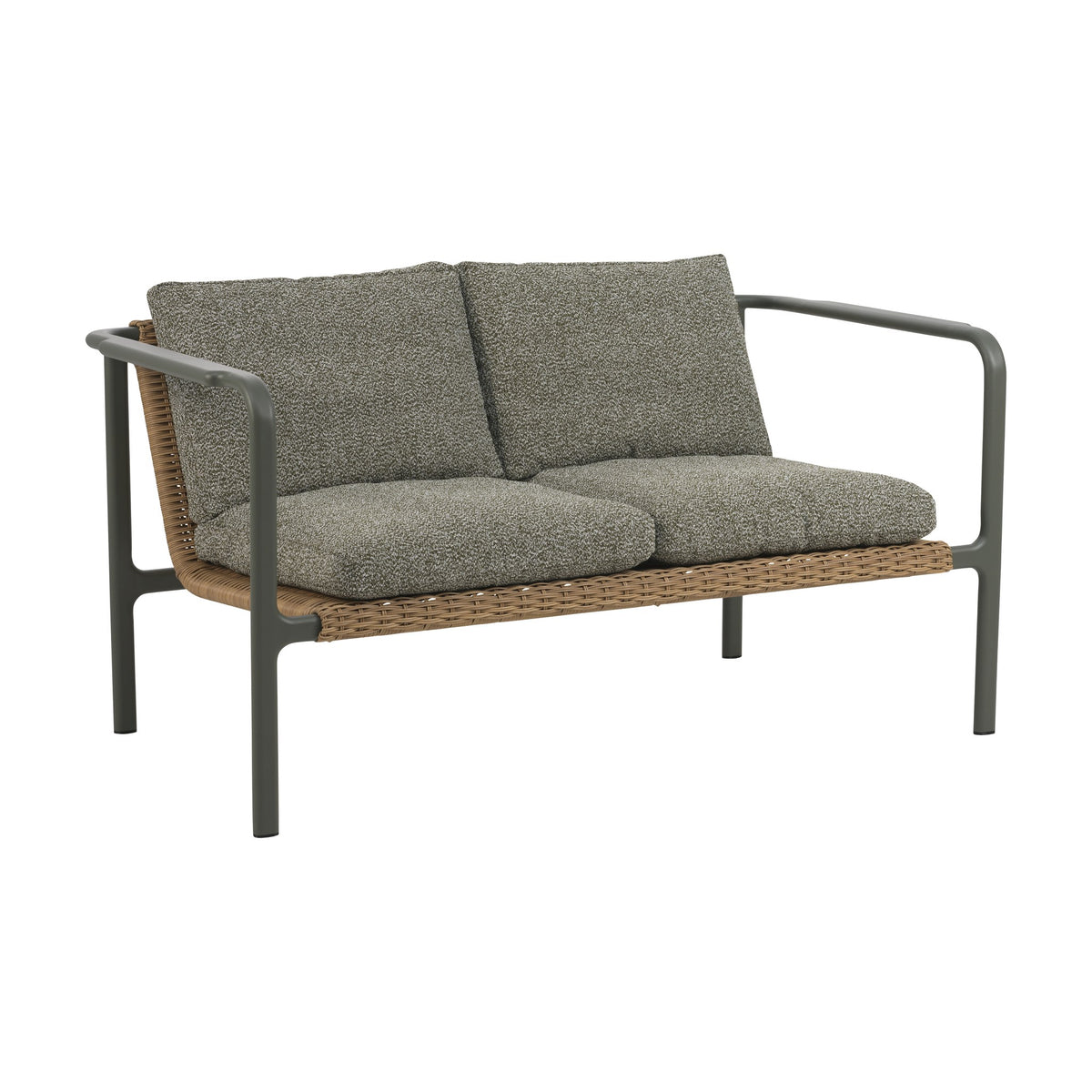 Brafab Motty utesofa med mørkegrønn ramme, naturrattan og grågrønne boucléputer