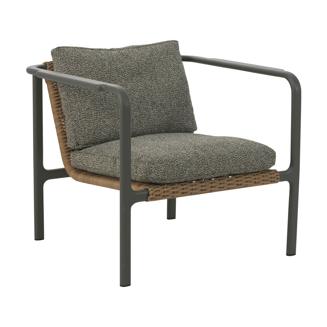 Brafab Motty utesofa med mørkegrønn ramme, naturrattan og grågrønne boucléputer