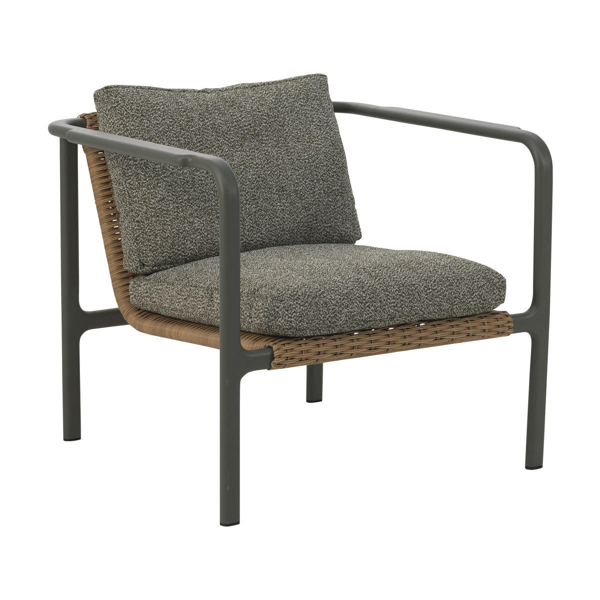 Brafab Motty utesofa med mørkegrønn ramme, naturrattan og grågrønne boucléputer