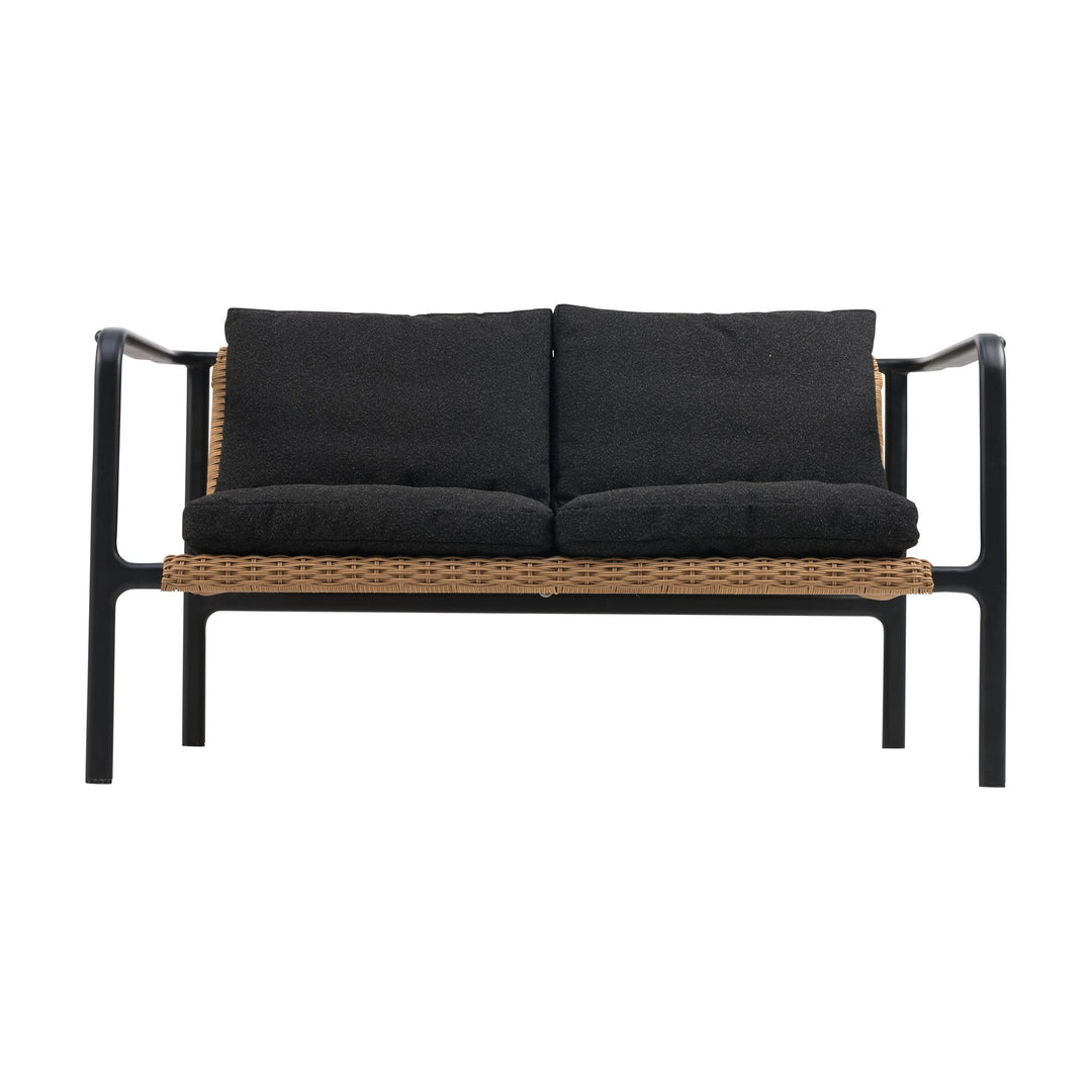 Brafab Motty utesofa, 2-seter med sort ramme, naturfarget rattan og sorte boucléputer
