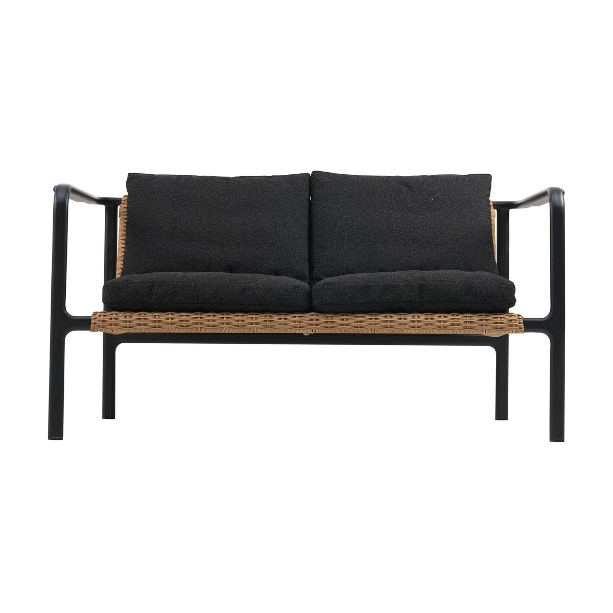 Brafab Motty utesofa, 2-seter med sort ramme, naturfarget rattan og sorte boucléputer