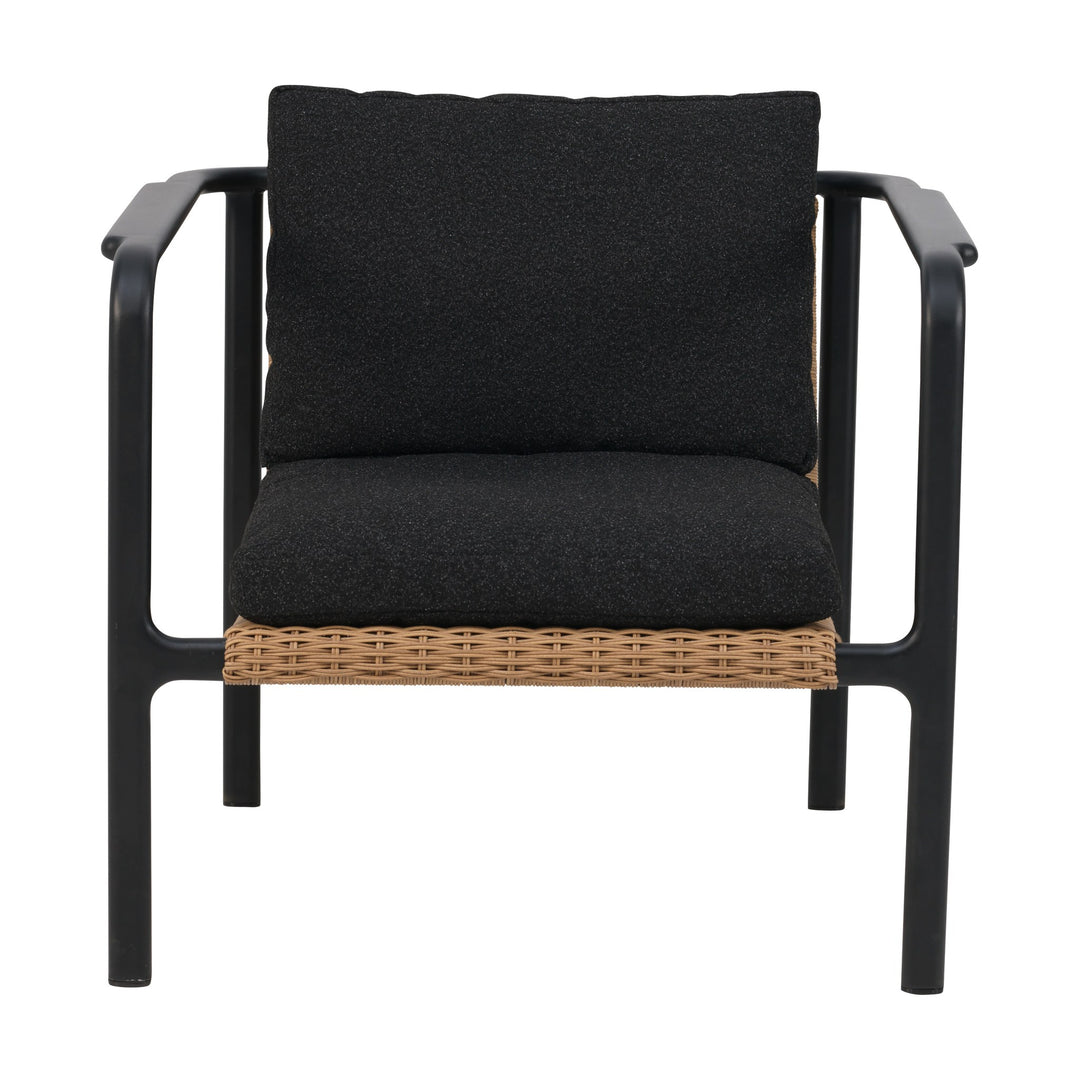 Brafab Motty lenestol med sort ramme, naturfarget rattan og sorte boucléputer