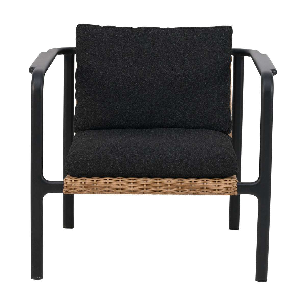 Brafab Motty lenestol med sort ramme, naturfarget rattan og sorte boucléputer