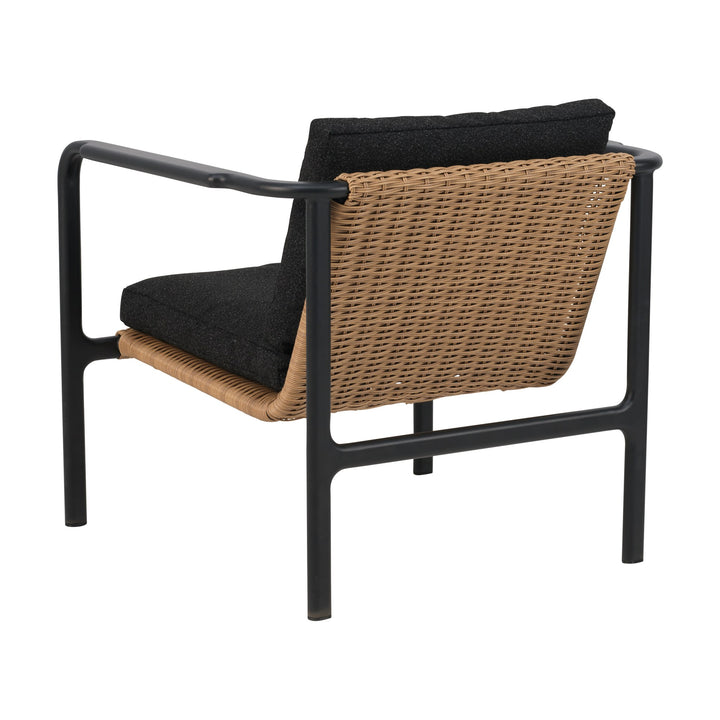Brafab Motty utesofa med sort pute, sort ramme og naturfarget kunstrotting, sett bakfra