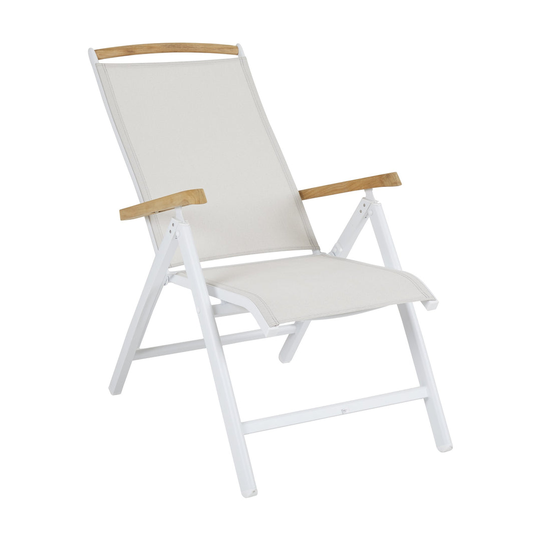 Brafab Andy spisestol med kremhvit tekstil, hvit ramme og teak armlener, sett forfra