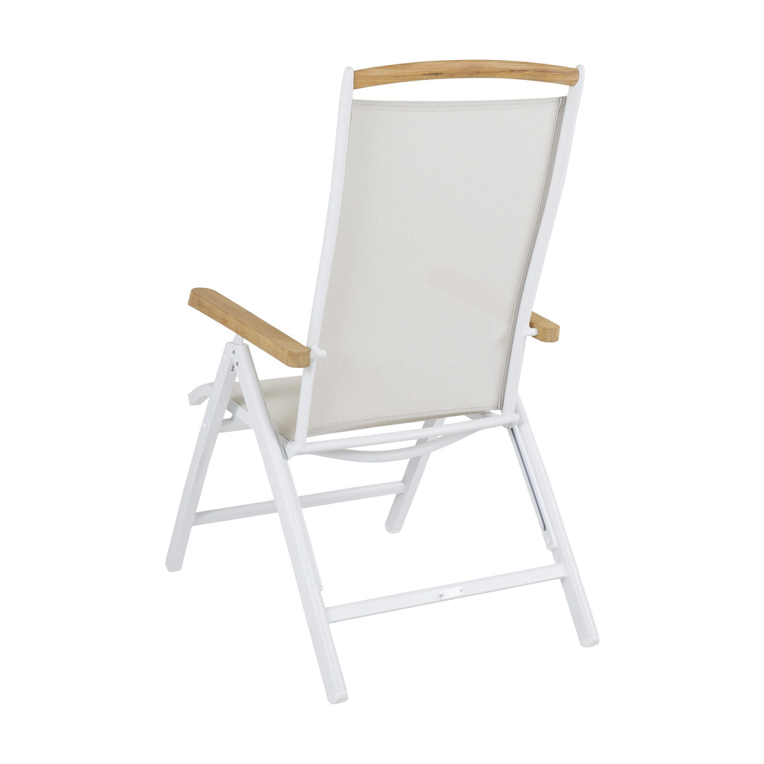 Brafab Andy spisestol med kremhvit tekstil, hvit ramme og teak armlener, sett bakfra