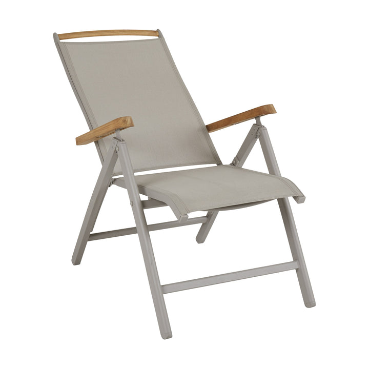 Brafab Andy spisestol med gråbeige tekstil, lys ramme og teak armlener, sett forfra