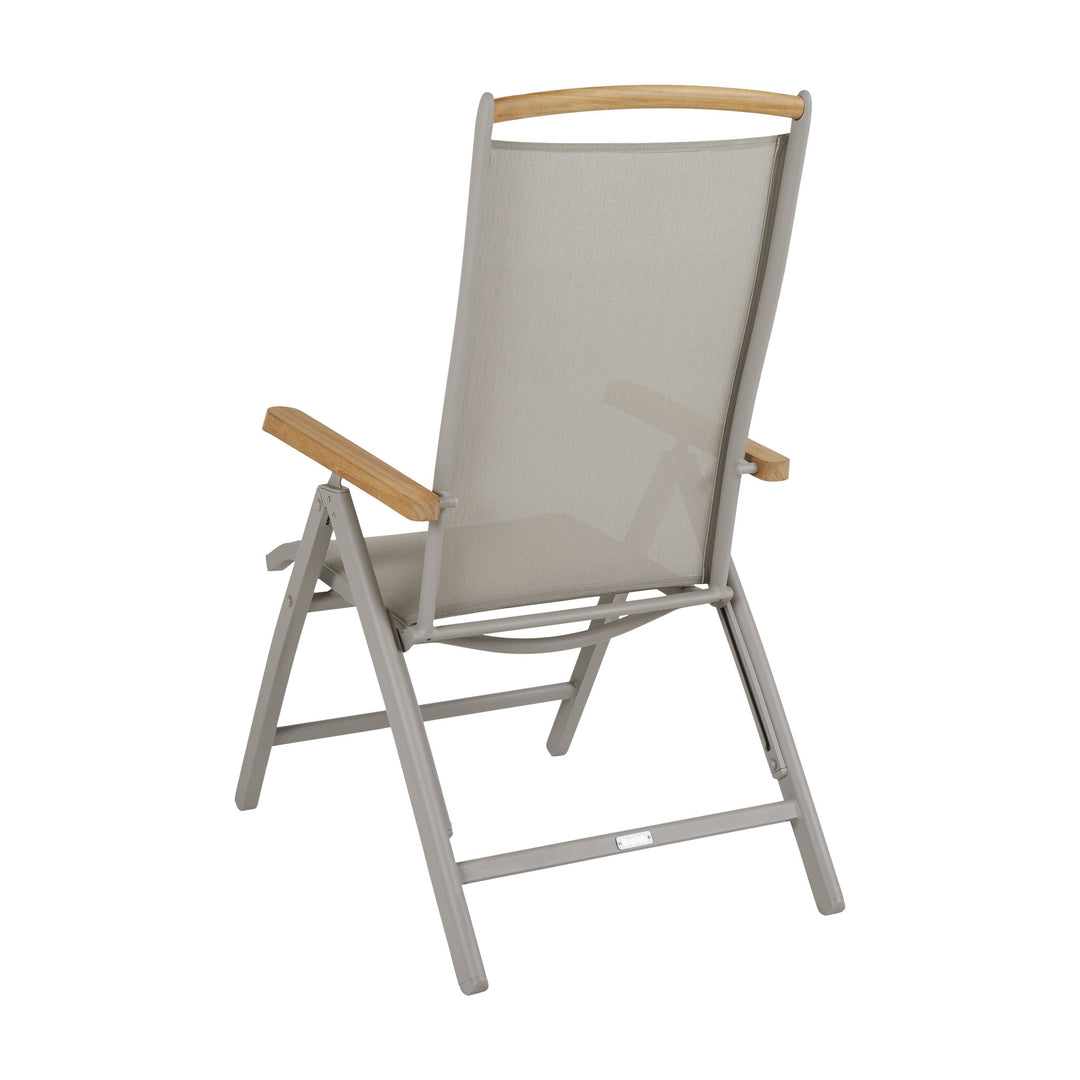 Brafab Andy spisestol med gråbeige tekstil, lys ramme og teak armlener, sett bakfra