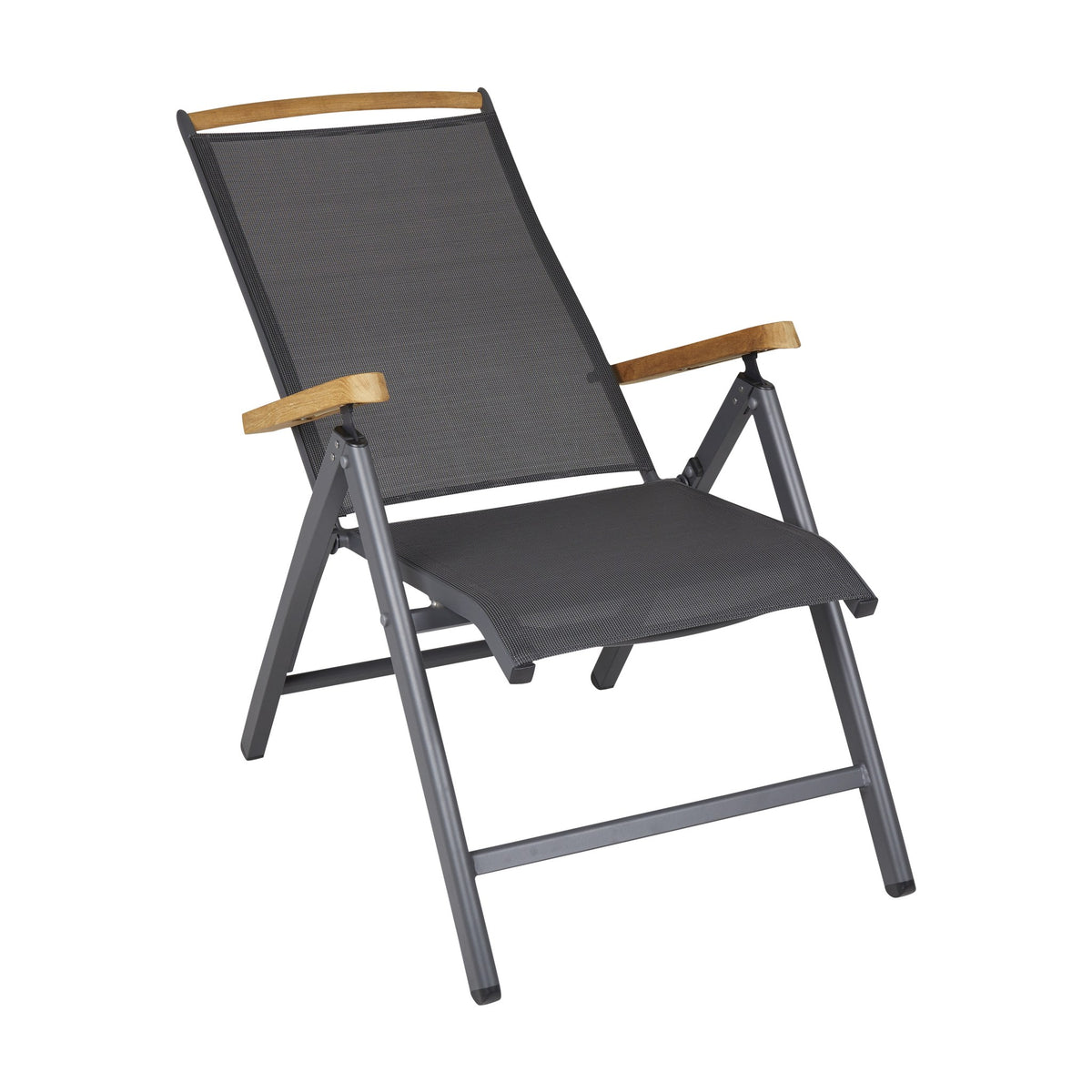 Brafab Andy spisestol med antrasitt tekstil, grå ramme og teak armlener, sett forfra