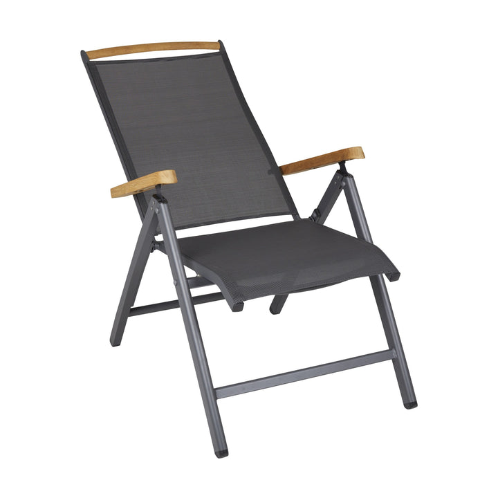Brafab Andy spisestol med antrasitt tekstil, grå ramme og teak armlener, sett forfra