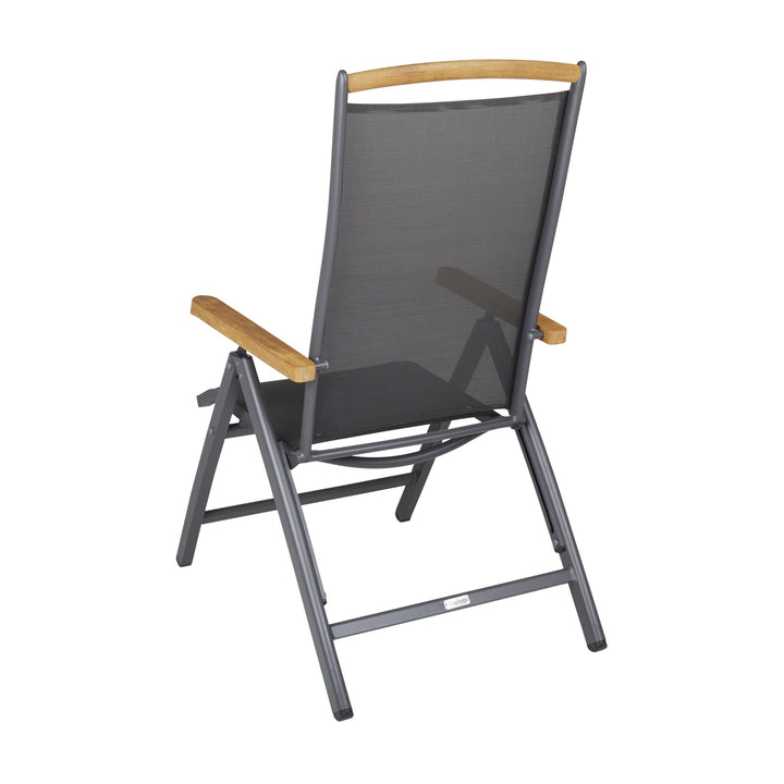 Brafab Andy spisestol med antrasitt tekstil, grå ramme og teak armlener, sett bakfra
