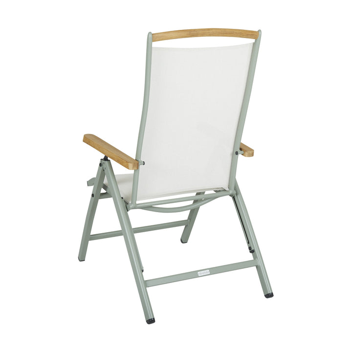 Brafab Andy spisestol med kremhvit tekstil, dustygrønn ramme og teak armlener, sett bakfra