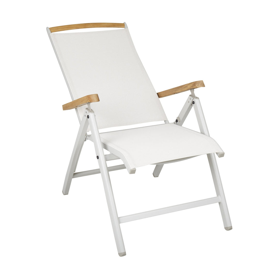 Brafab Andy spisestol med kremhvit tekstil, lys grå ramme og teak armlener, sett forfra