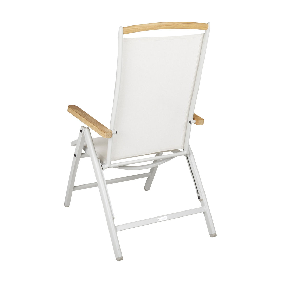 Brafab Andy spisestol med kremhvit tekstil, lys grå ramme og teak armlener, sett bakfra