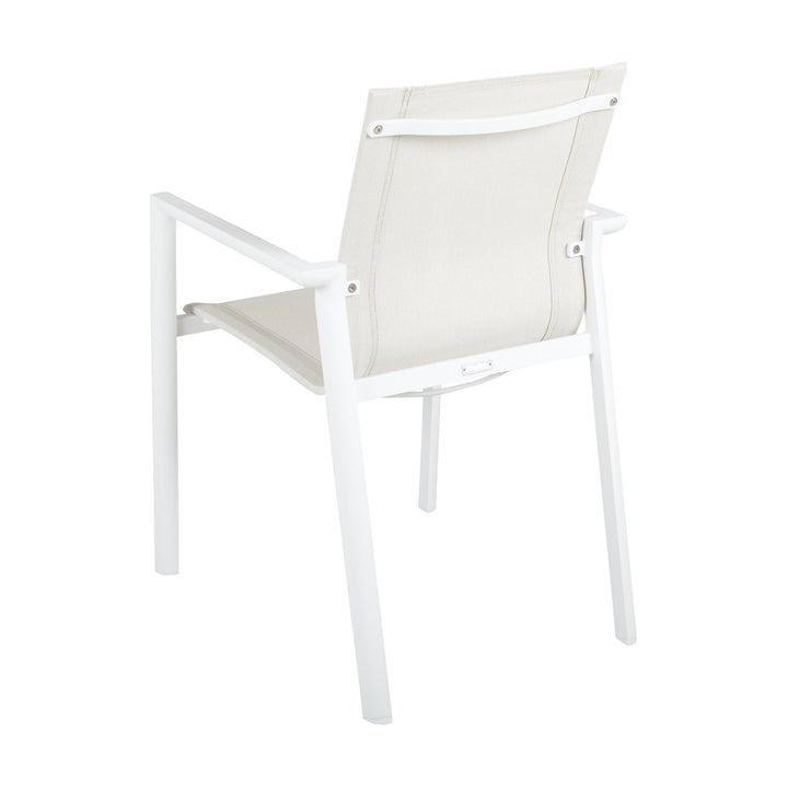 Brafab Delia spisestol sett bakfra, hvit ramme med offwhite tekstilrygg