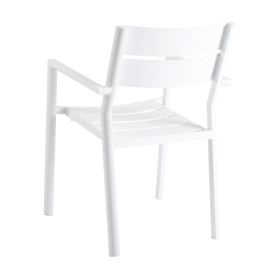 Brafab Delia stablestol i hvit aluminium med armlener, sett bakfra.