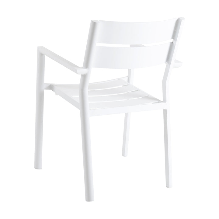 Brafab Delia stablestol i hvit aluminium med armlener, sett bakfra.