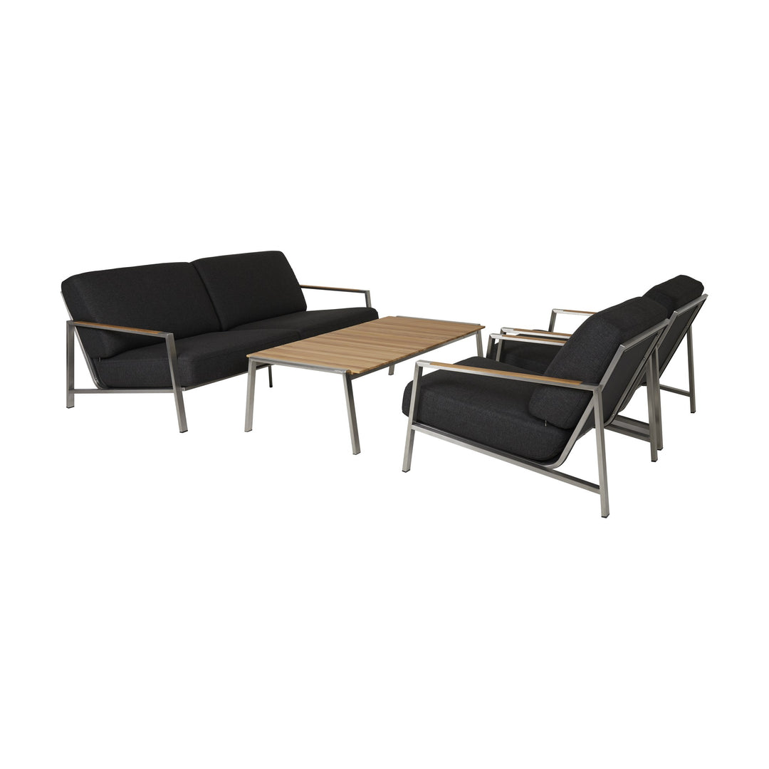 Brafab Naos hagestoler og sofa i børstet stål med sorte puter og teakbord.