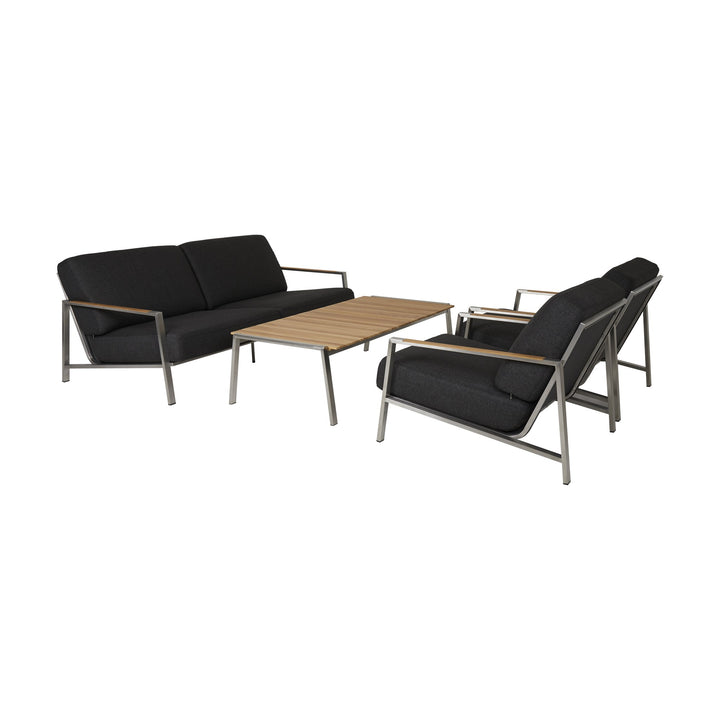 Brafab Naos hagestoler og sofa i børstet stål med sorte puter og teakbord.
