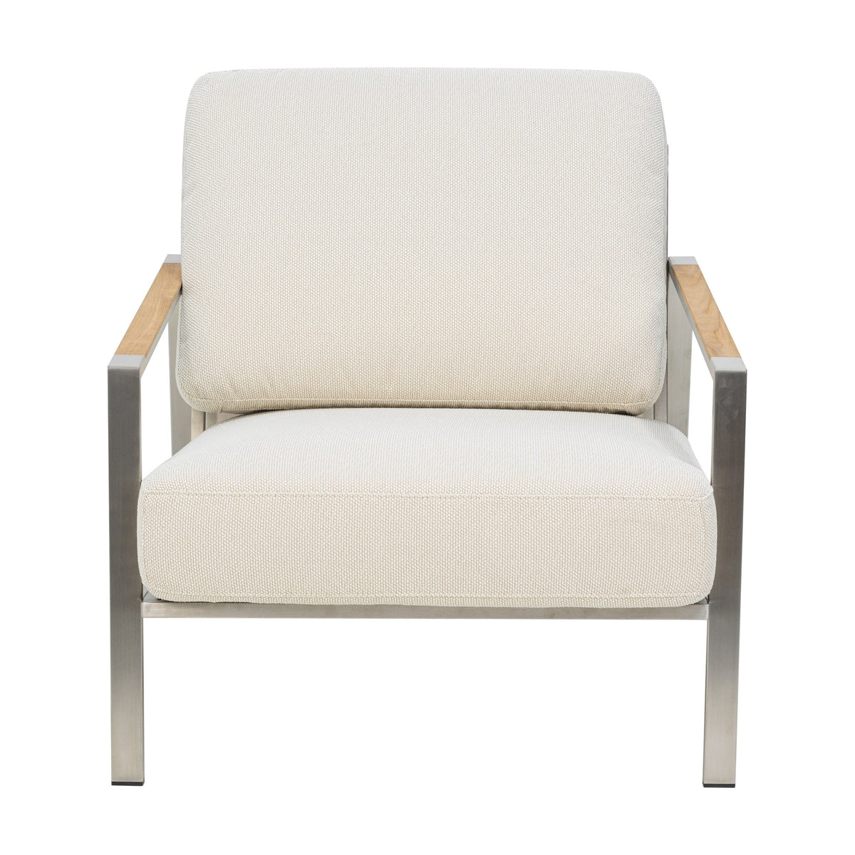 Brafab Naos hagestol i børstet stål med beige puter og teakarmlener, sett forfra.