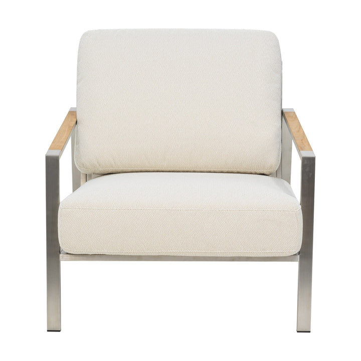Brafab Naos hagestol i børstet stål med beige puter og teakarmlener, sett forfra.