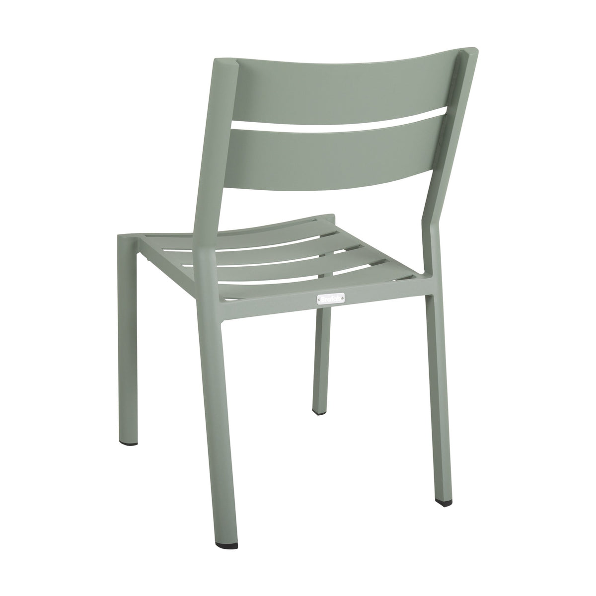 Brafab Delia spisestol uten armlene i salviegrønn aluminium med spilerygg, sett bakfra mot hvit bakgrunn