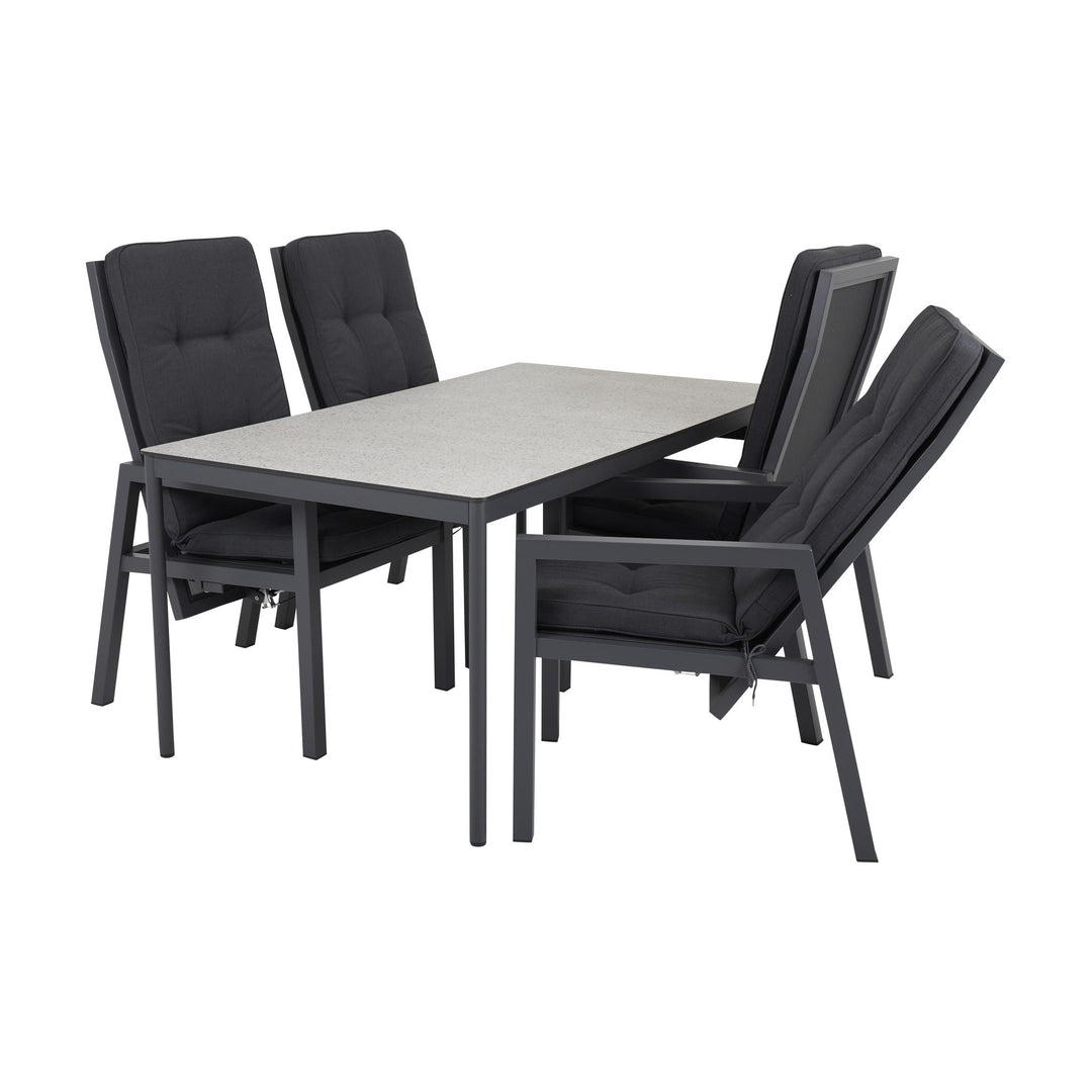 Brafab Newfort spisestol i antrasitt, spisegruppe med fire stoler rundt bord med lys steinplate