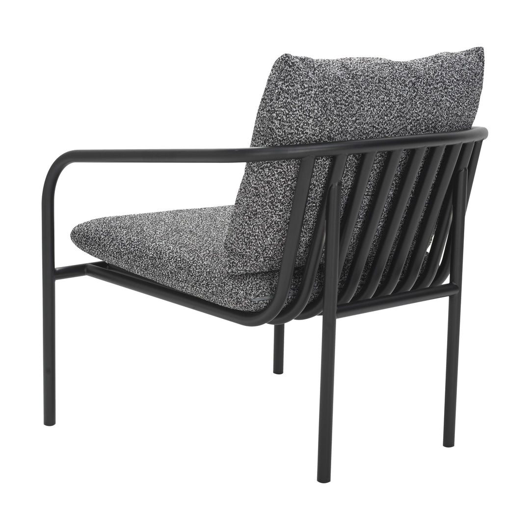 Brafab Bendt hagestol med sort ramme og melert grå/sort bouclé-puter, sett bakfra