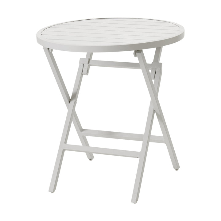 Brafab Wilkie hagebord i hvit, rundt sammenleggbart bord med spaltet plate, sett skrått